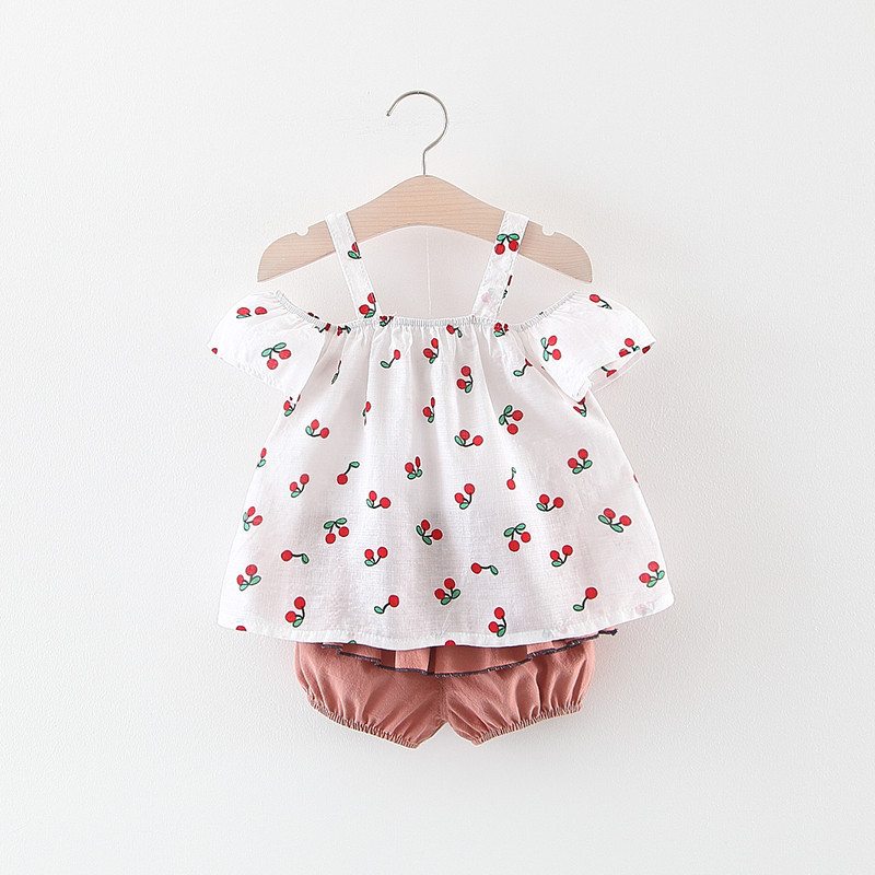Bộ Áo 2 Dây Trễ Vai Phối Quần Short Xếp Tầng Xuất Hàn, Họa Tiết Quả Chery Ngọt Ngào Cho Bé Gái