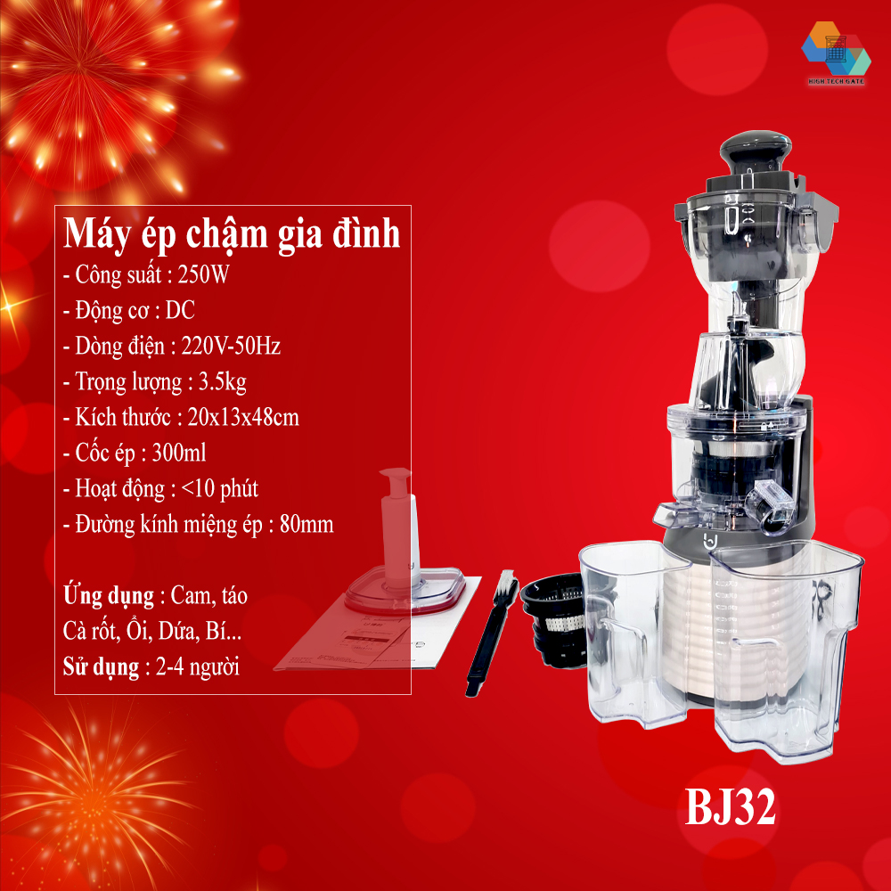 Máy Ép Chậm BUD BJ32 miệng ép lớn, tốc độ chậm 60 vòng/phút, ép rau, củ,quả gia đình, hàng chính hãng