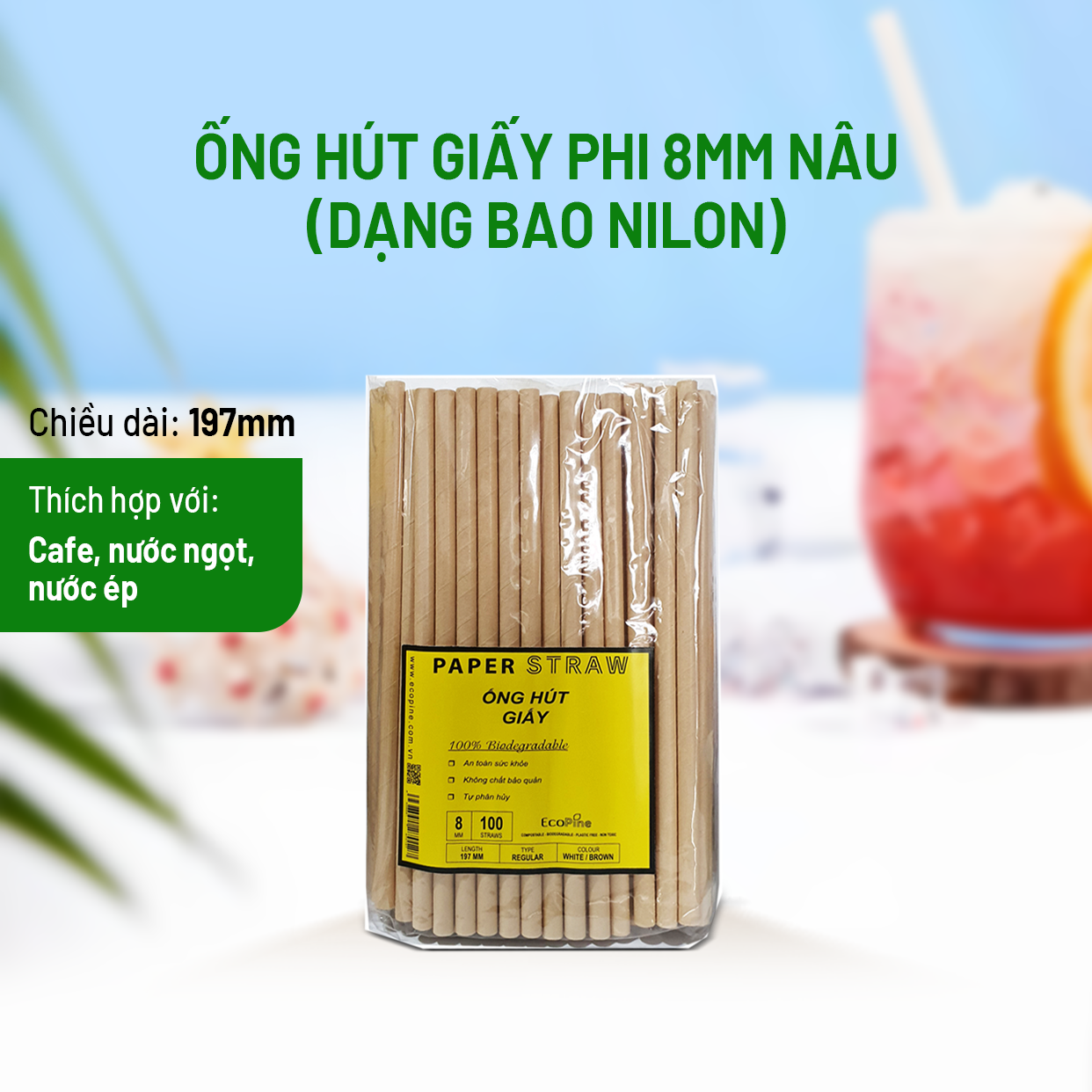 Bịch 100 ống hút giấy phi 8mm nâu kraft ECOPINE
