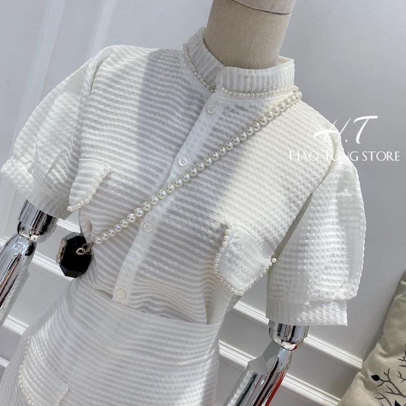 Set tơ xốp viền ngọc tiểu thư
