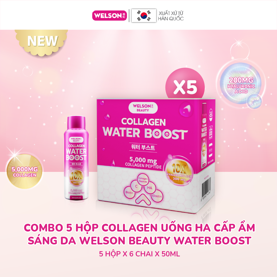 Combo 5 Hộp Collagen Uống Hyaluronic Acid Cấp Ẩm Sáng Da Welson Beauty Water Boost 5 hộp x 6 chai x 50ml