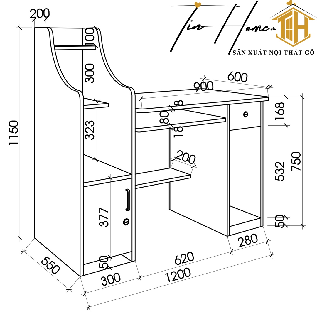 Bàn vi tính kết hợp giá sách gỗ MDF, cứng cáp, chịu ẩm tốt rất tiện lợi BH-002