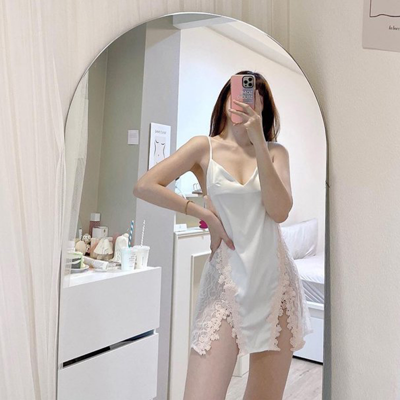 Váy ngủ lụa hai dây ren hông xẻ trước hở lưng quyến rũ Q84 - Đầm ngủ nữ sexy - Đồ ngủ mạc nhà