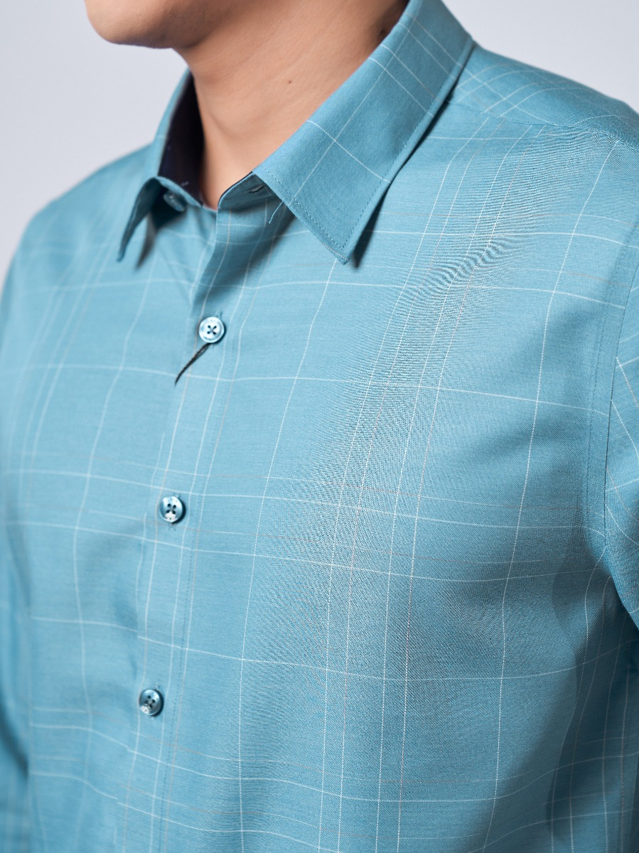 OWEN - Áo sơ mi dài tay Owen Slimfit Chất sợi tre màu xanh kẻ 220924