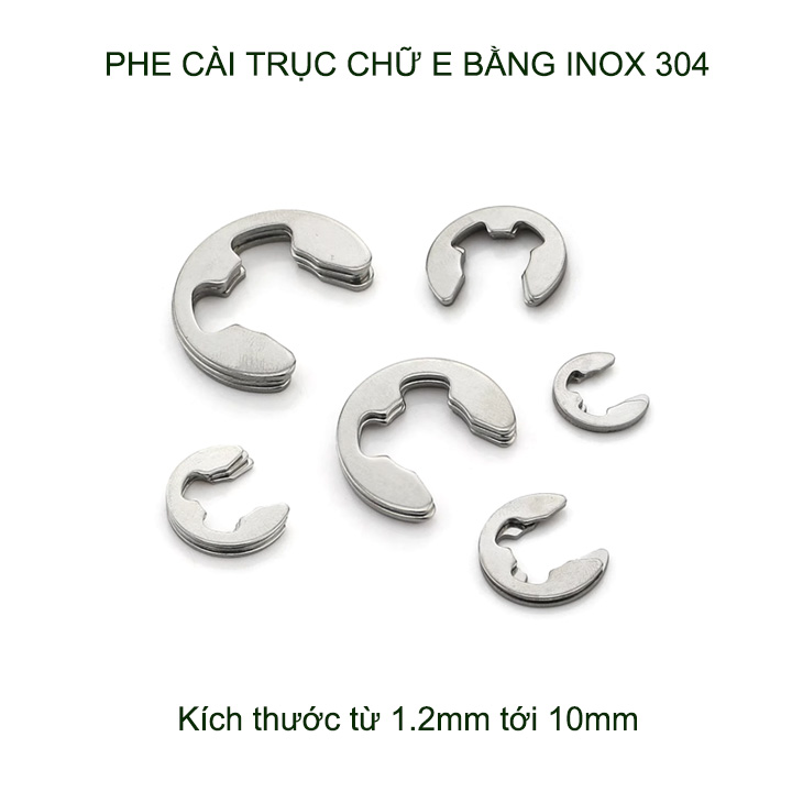 Combo bộ 10 chốt gài trục chữ E, phe cài trục bằng inox 304, nhiều cỡ tùy chọn
