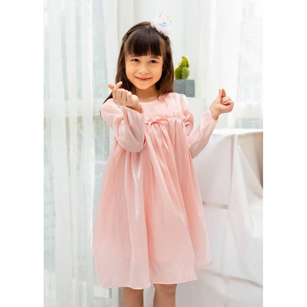 Váy đầm bé gái BYZU, thiết kế tay dài, ngực xếp li đính nơ xinh, chất vải tơ óng màu hồng size cho bé 3,4,5,6,7,8,9 tuổi