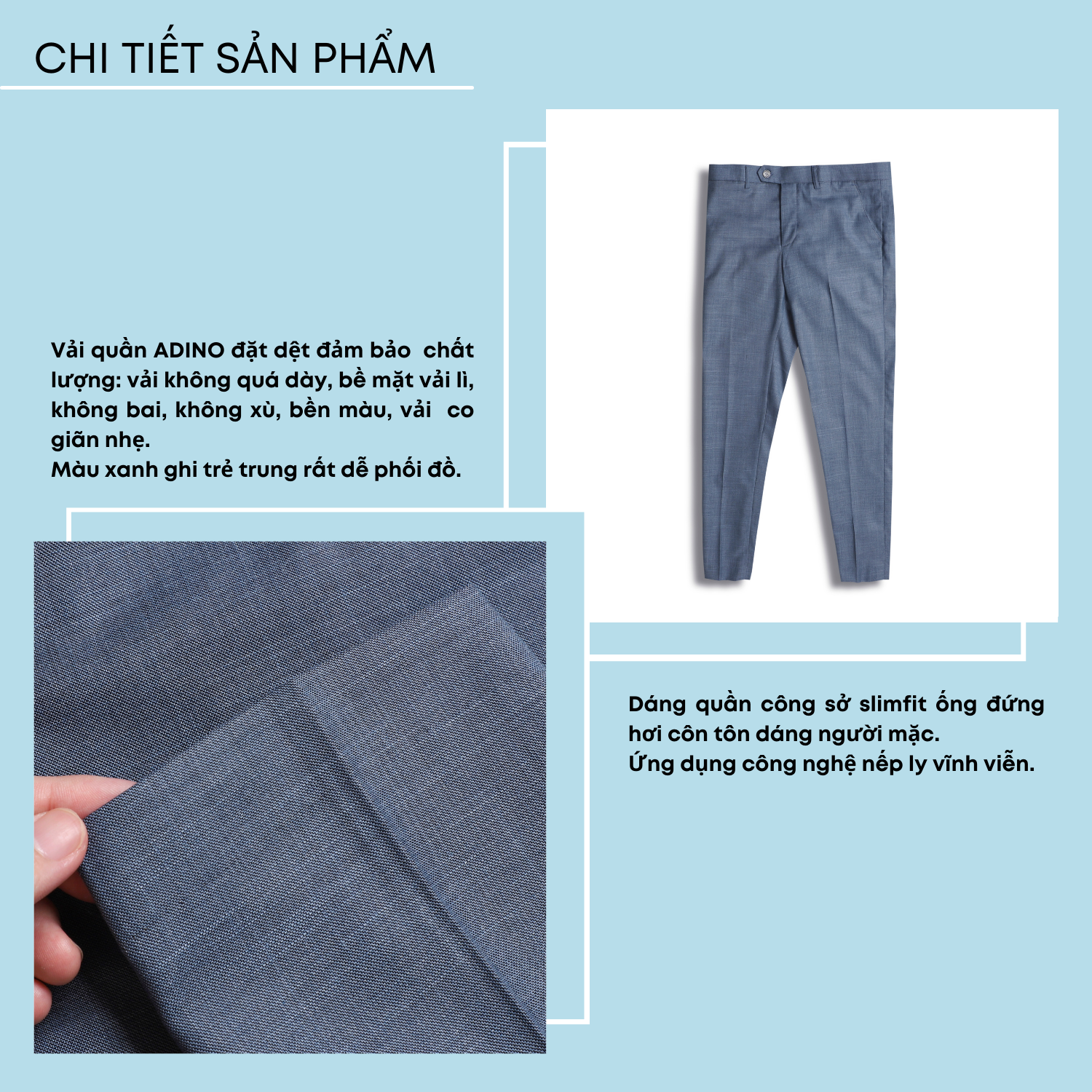 Quần tây âu công sở nam ADINO màu xanh ghi vải cotton không bai không xù dáng công sở slimfit ống đứng hơi côn QA83