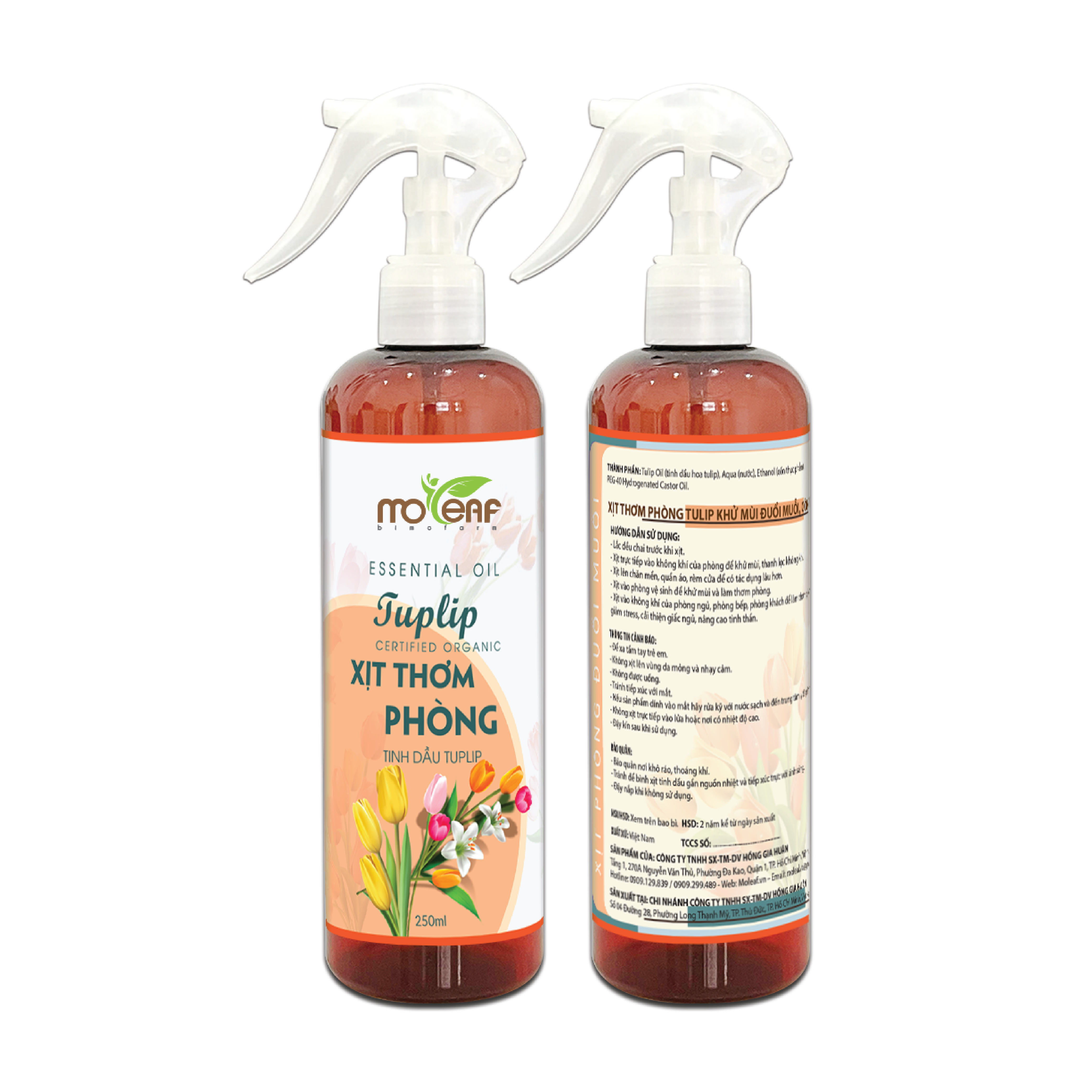 Xịt Thơm Phòng Tinh Dầu Hoa Tulip Moleaf Lọc Không Khí Thơm Mát Đuổi Muỗi Đuổi Con Trùng 250ml