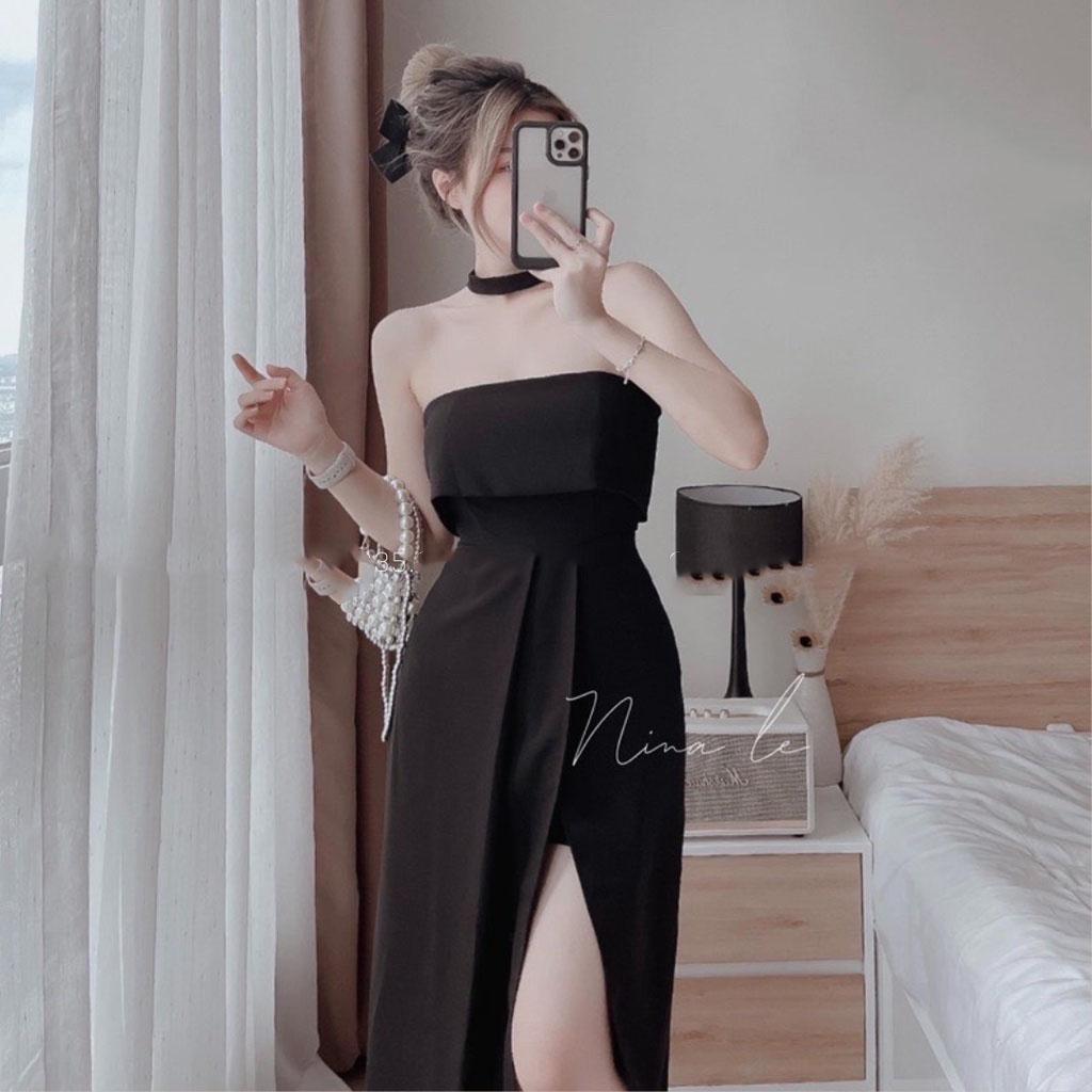 Váy choker dự tiệc đầm nhung xẻ tà dáng dài mẫu mới