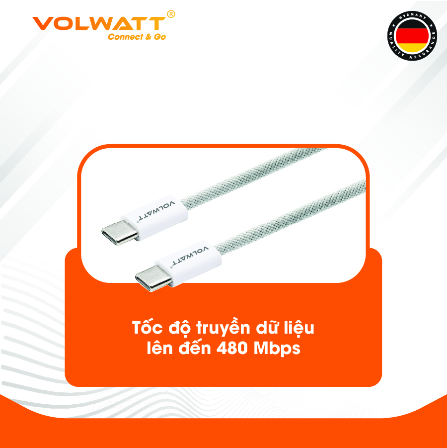 Cáp sạc nhanh 60W Volwatt GE-038-CC hàng chính hãng| Cáp Type-C to Type-C PD, truyền dữ liệu 480Mbps, 1m – BH 12 tháng