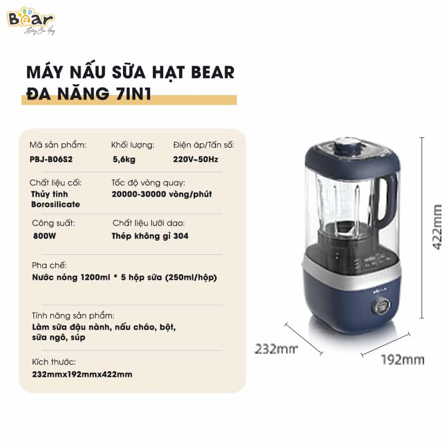 [Hàng Chính Hãng] Máy xay nấu đa năng cách âm Bear PBJ-B06S2(PBJ-B06W1) màu xanh tím than, dung tích 1.5L,công suất lớn để xay, nấu nhiều loại thực phẩm dễ dàng với 7 tính năng chọn sẵn: làm sữa hạt, nấu cháo, nấu súp, xay sinh tố,…