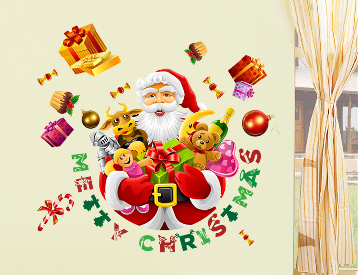 Decal trang trí Noel - Ông già Noel ôm quà