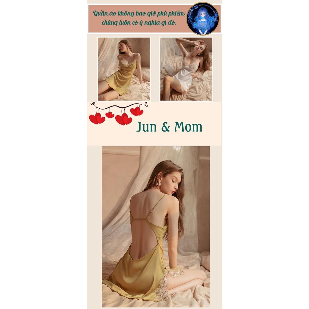 Váy ngủ sexy gợi cảm đồ ngủ dây vai và lưng đều có khoá tuỳ chỉnh - chất lụa mềm mại xẻ tà 2 viền ren gợi cảm_DN19