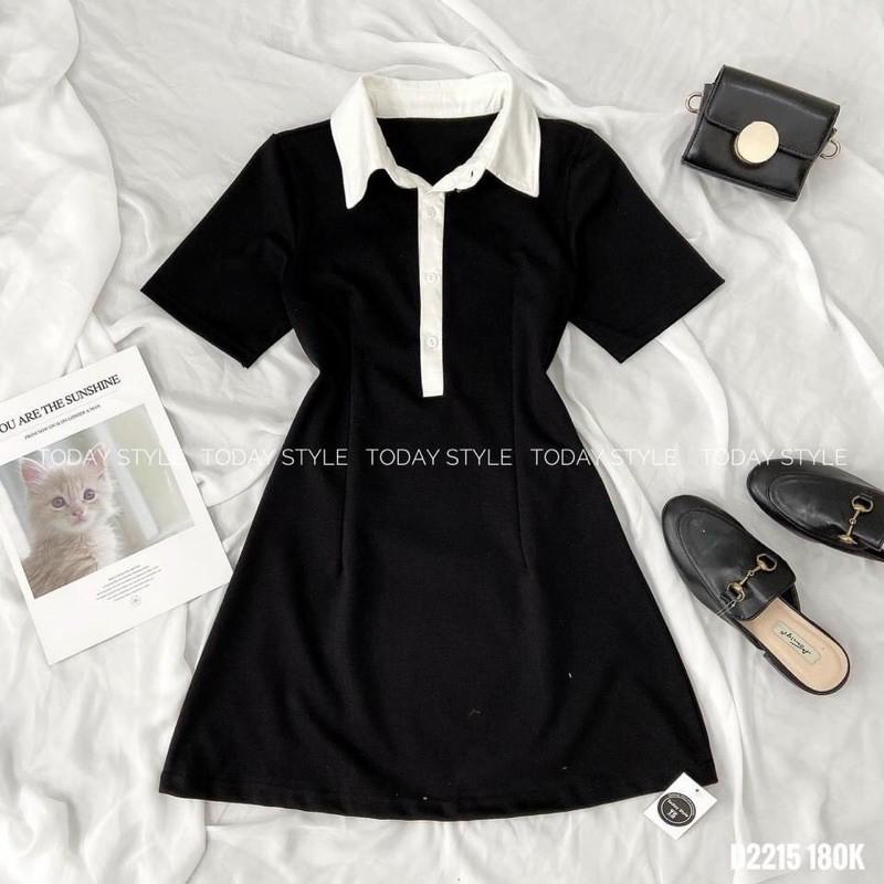 Đầm polo đen viền cổ trắng