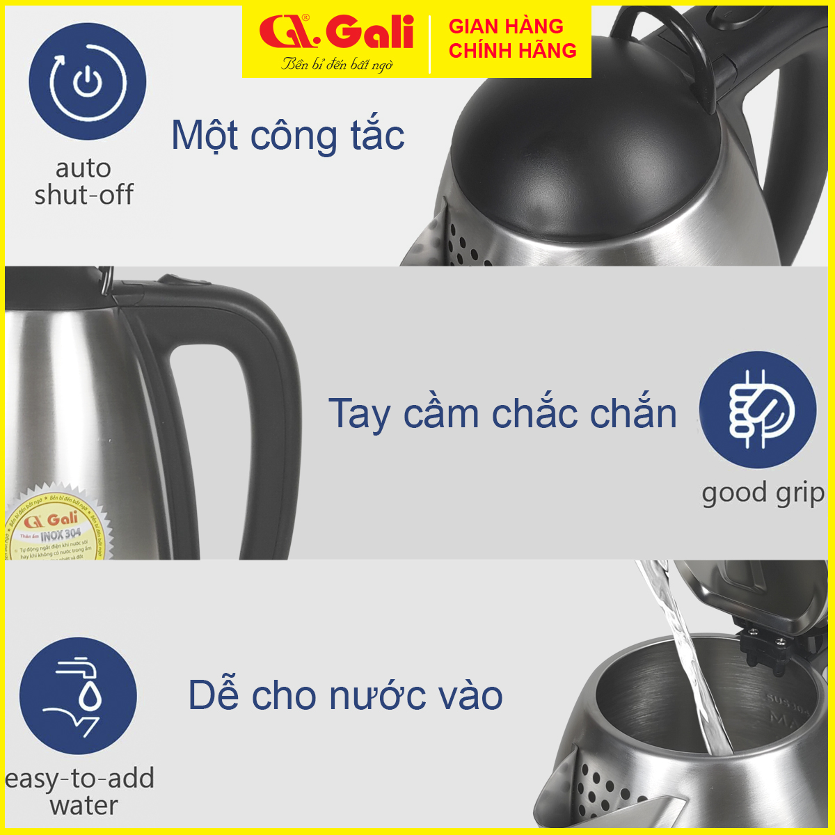 Bình Đun Siêu Tốc GALI GL-0018C GL-0025 GL-0012A GL-0050 GL-0017C GL-0018I GL-17X GL-18F GL-18K GL-18E dung tích từ 1,2 lít - 5 lít, Inox (SUS 304) , không bị phôi nhiễm, bảo hành chính hãng