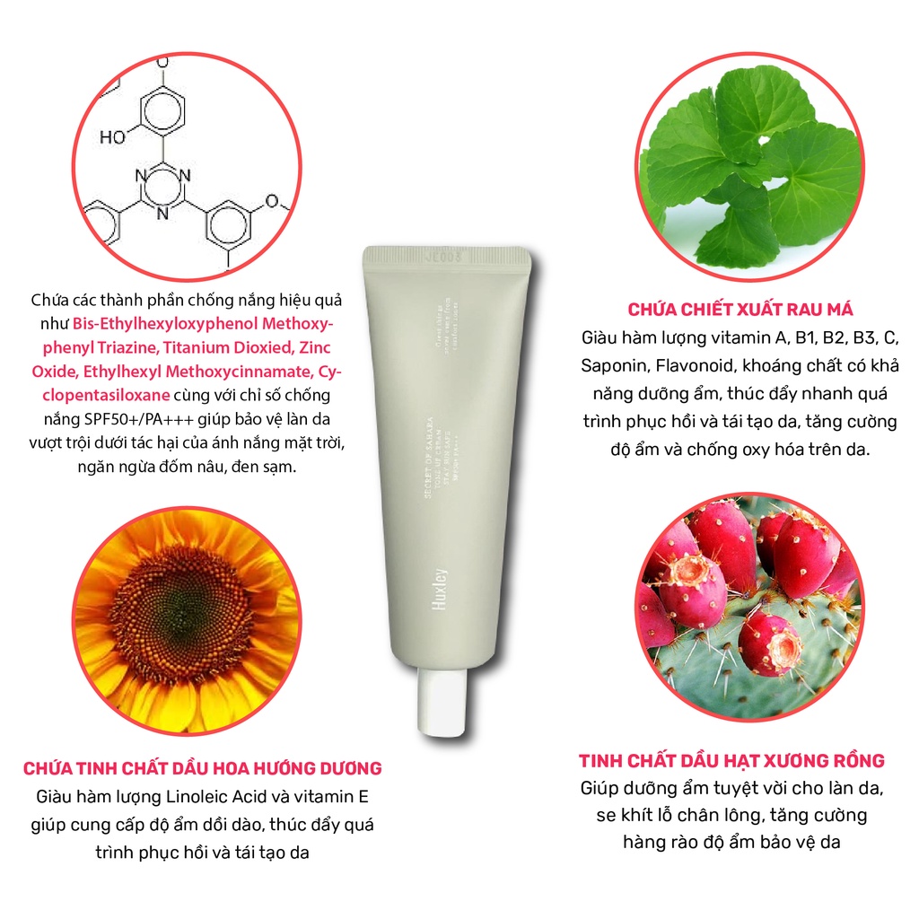Kem chống nắng nâng tone, dưỡng ẩm da Huxley Tone Up Cream Stay Sun Safe SPF50+ PA+++ 50ml