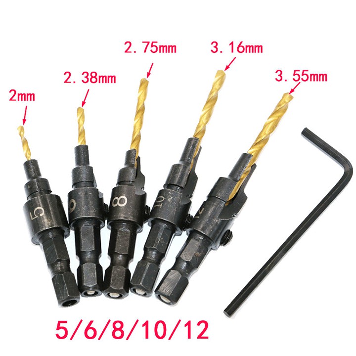 Bộ 5 Mũi Khoan Âm Vít Gỗ Chuôi Tròn - Mũi Khoan Doa Lỗ Vít 2 Tầng