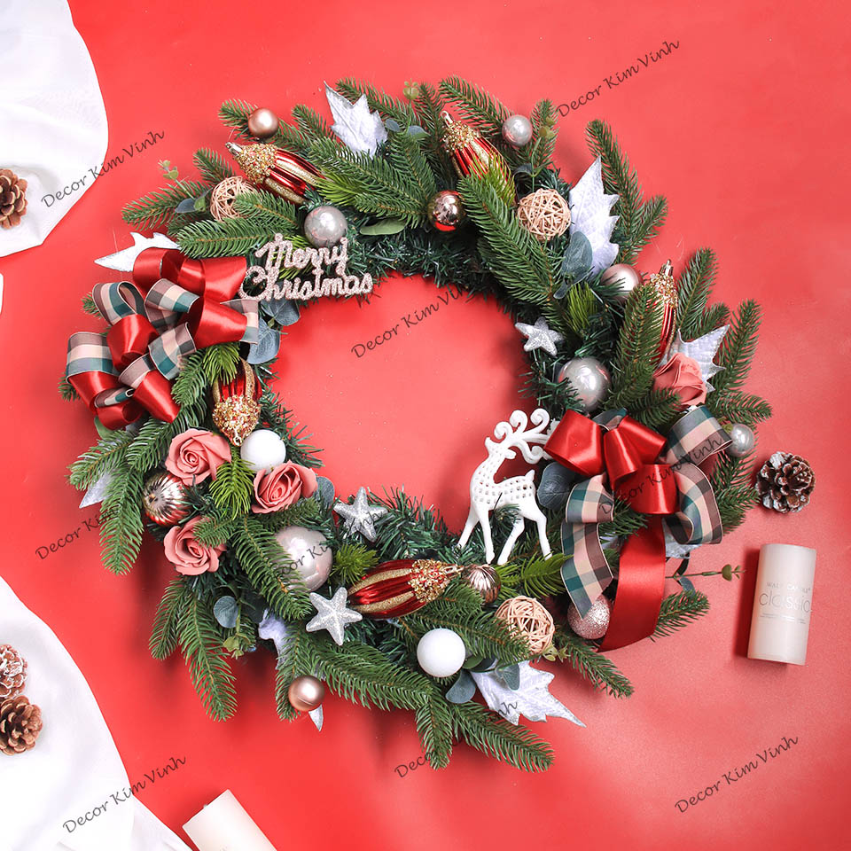 Vòng Tròn Nến Giáng Sinh DN139 60cm Vòng Nến Hươu Merry Trang Trí Noel Vintage