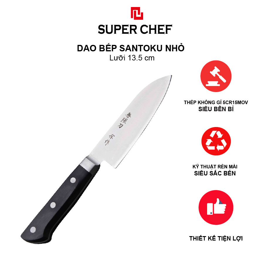 Dao Bếp Ngắn Santoku Chính Hãng Super Chef Công Nghệ Nhật Siêu Sắc Bén, Lâu Cùn, Lưỡi Thép Cao Cấp Không Gỉ Sét , An Toàn Sức Khỏe Siêu Tiện Lợi ( Lưỡi dài 13.5cm)