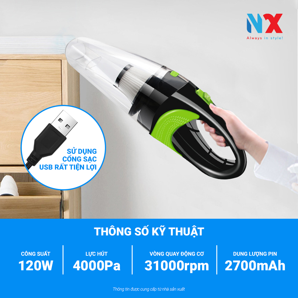 Máy hút bụi mini cầm tay công suất lớn 120W - Hút bụi ô tô, giường nệm ô tô, xe hơi