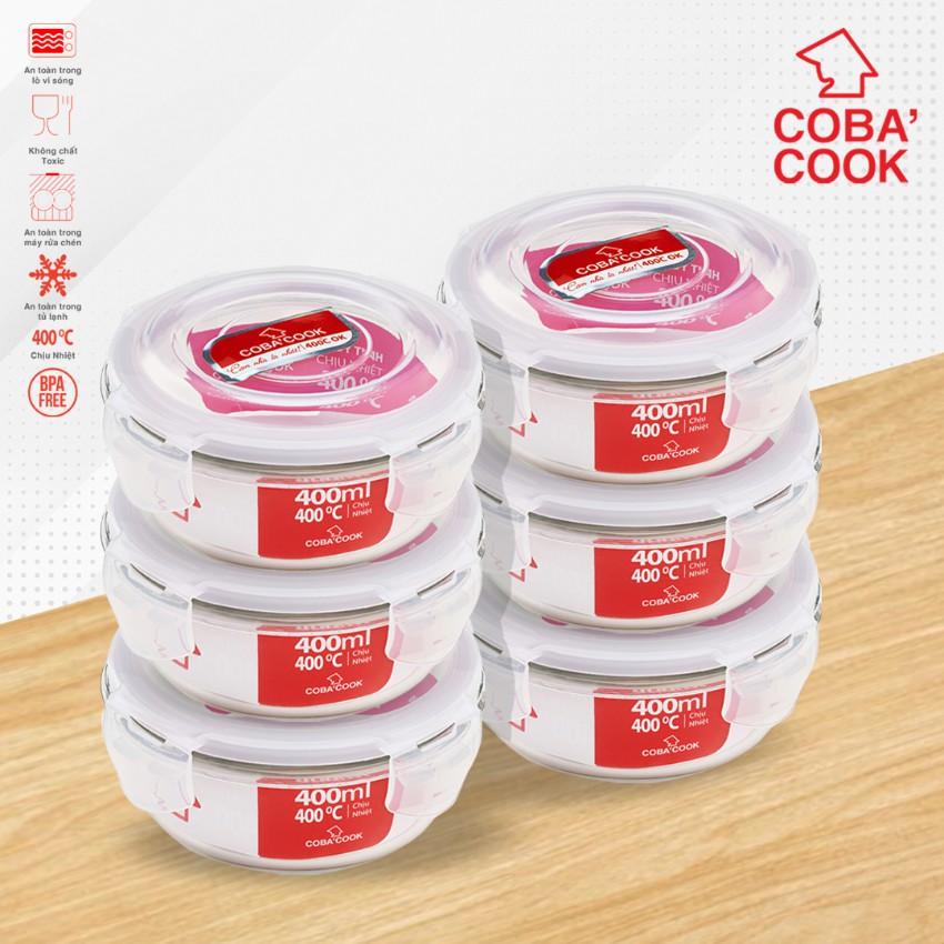 Bộ 6 hộp thủy tinh COBA'COOK đựng thực phẩm trữ đồ ăn trong tủ lạnh thủy tinh hình tròn 400 ml - CCR46-1