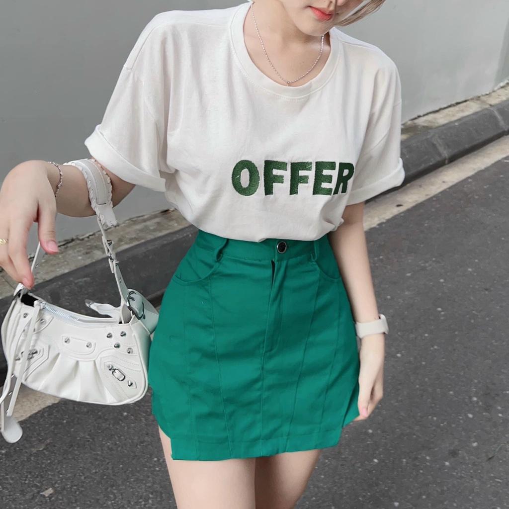 Sét đồ nữ áo thun in chữ kèm quần váy màu xanh thời thượng