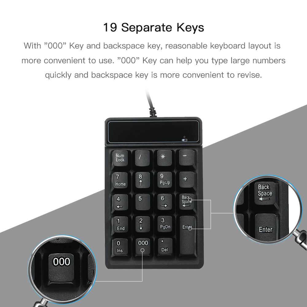 19 phím Độ ồn thấp Bàn phím số nhỏ USB không thấm nước Thay thế vật liệu ABS cho Microsoft Android và iMac