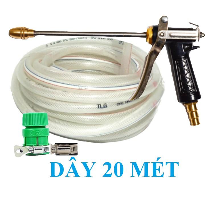 Bộ dây vòi xịt bơm nước tưới rửa , tăng áp 3 lần, loại 20m 206318 đầu đồng,đai, + mở chai