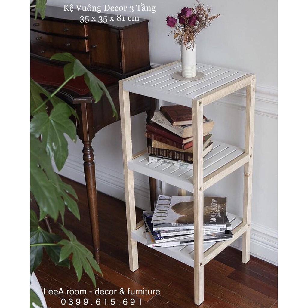 Kệ Gỗ Vuông Decor 3 Tầng - Hàng Cao Cấp - Màu Trắng Phối Gỗ - Nội Thất Trang Trí