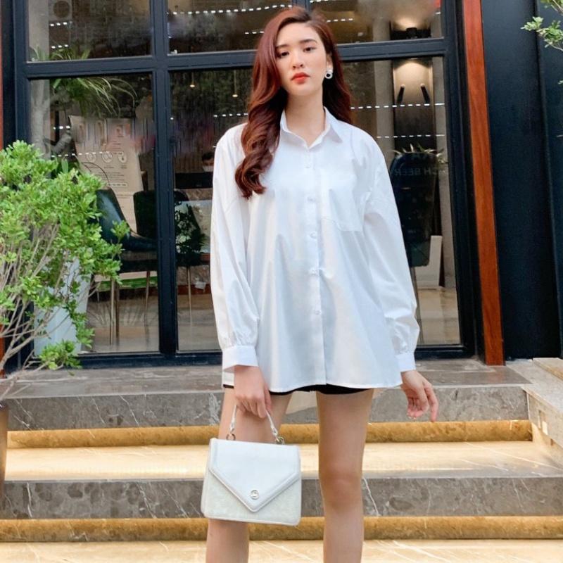 Áo sơ mi unisex nữ đen trắng dài tay Nhún form rộng , sơ mi nữ công sở dáng suông-CUN0550