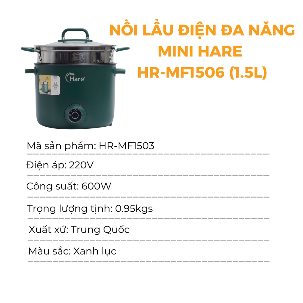 Nồi lẩu điện đa năng mini HR-MF1506 (1.5L) -hàng chính hãng thương hiệu Hare - bảo hành 12 tháng