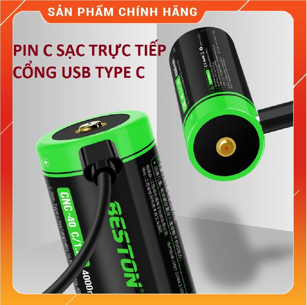 Combo 2 Pin sạc cỡ C Beston 1.2V Dung lượng cao 4000mAh Sạc trực tiếp bằng dây USB cổng sạc type C