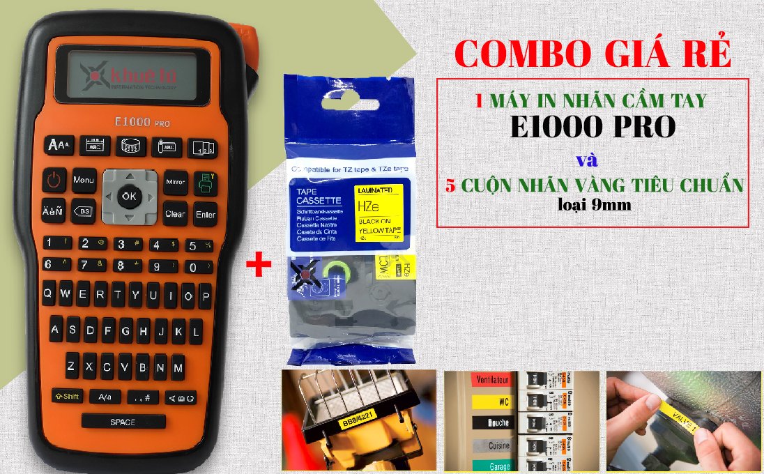 COBOM GIÁ RẺ - MÁY IN NHÃN E1000 PRO CHÍNH HÃNG VÀ NHÃN IN TIÊU CHUẨN ( CHỮ ĐEN NỀN VÀNG KHỔ  9MM,12MM )