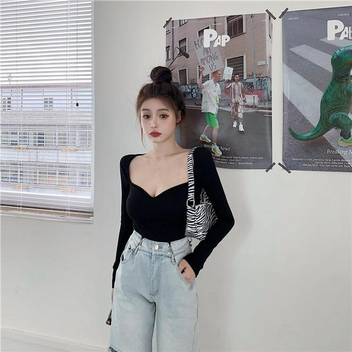 Áo Thun Dệt Kim Tay Dài Cổ Vuông Màu Trơn Phong Cách Vintage, Áo Thun Nữ Thời Trang Công Sở Đơn Giản