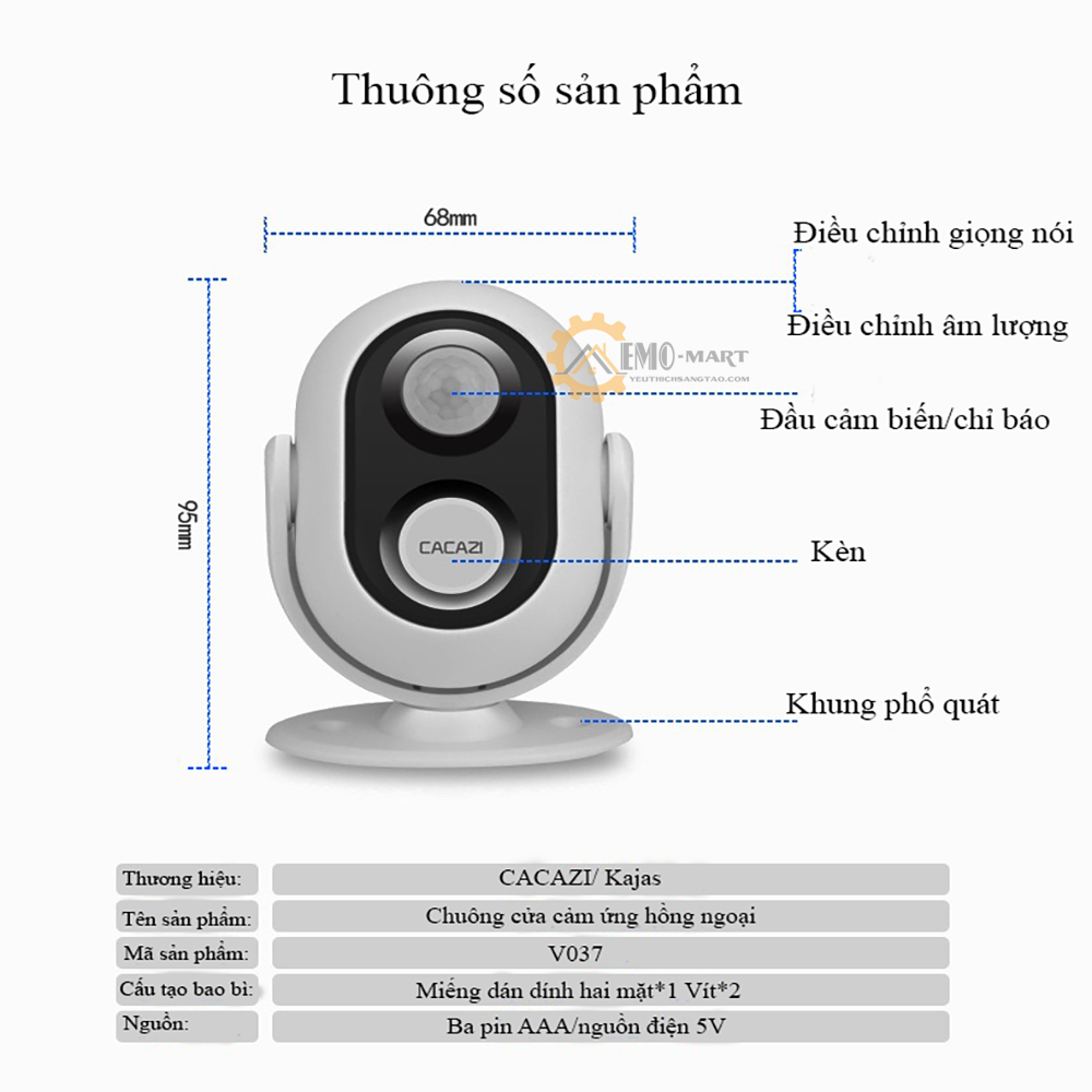 Chuông báo khách không dây Cacazi, Báo động chống trộm, dùng cảm biến hồng ngoại dành cho cửa hàng,...