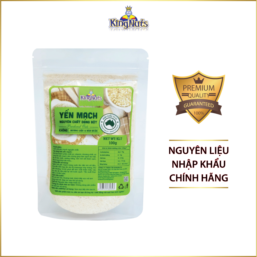 Bột yến mạch KingNuts 100g - Nguyên liệu nhập Úc, nguyên cám, dùng làm bánh, cho bé ăn dặm, đắp mặt, tẩy tế bào chết