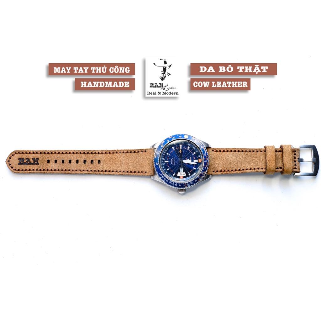 Dây đồng hồ da bò thật size 22mm handmade bền chắc RAM Leather - tặng khóa chốt và cây thay dây