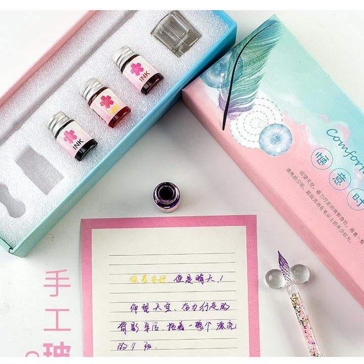 (Ngẫu nhiên) Bộ bút thủy tinh ruột hoa khô kèm mực dùng luyện viết tiếng Trung tặng ảnh VCone