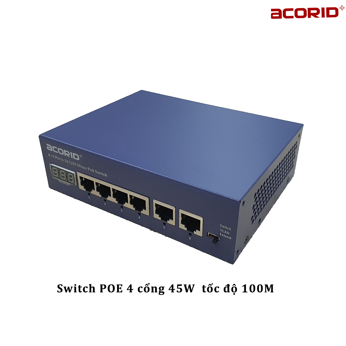 Switch poe 4 port Acorid LS1704P2E, 4 cổng POE+ 30W FE 10/100Mbps , 2 cổng Uplink, tổng công suất 65W, Có đèn hiển thị công suất, AI reboot thiết bị - Hàng chính hãng