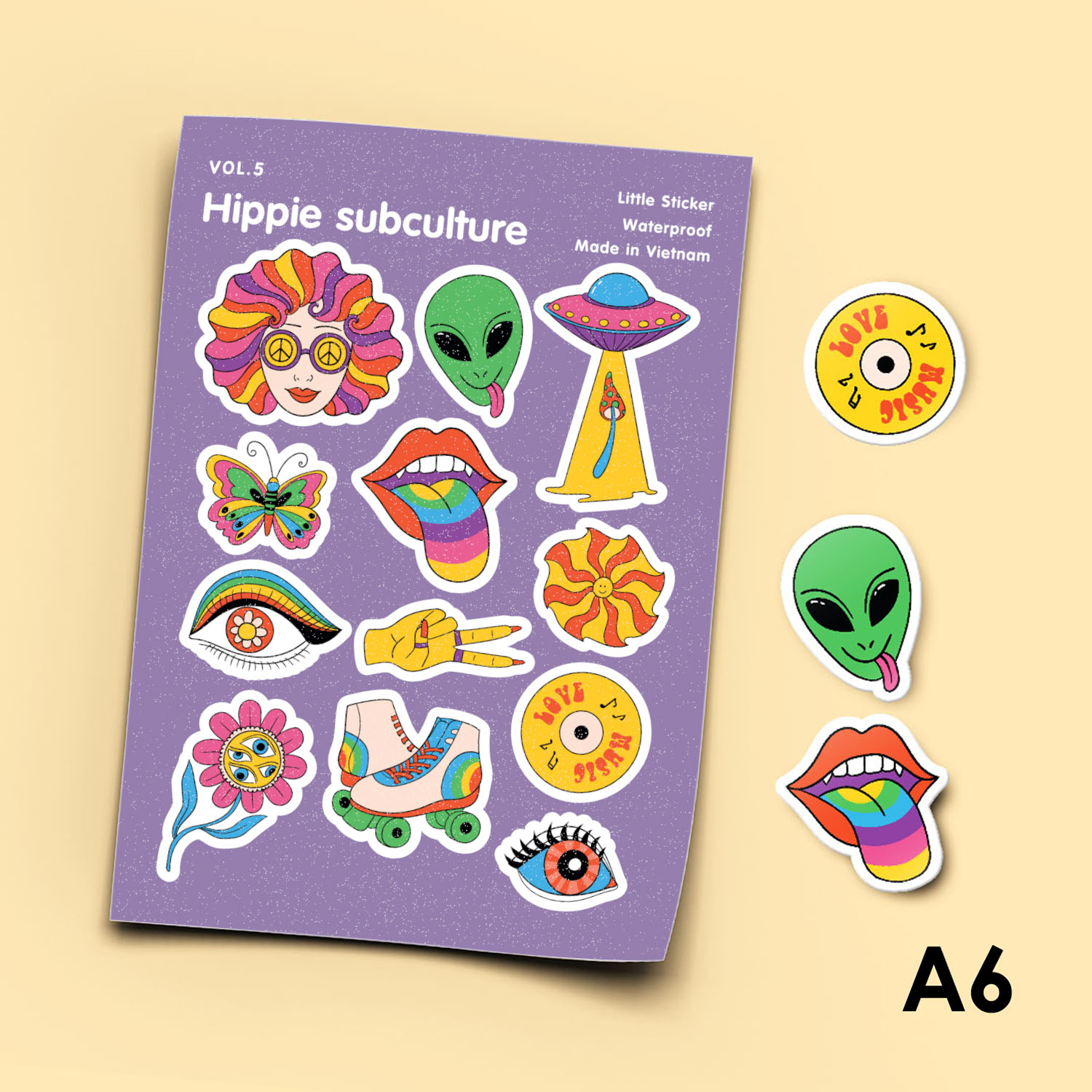 Vol.5 Hippie subculture - Little Sticker Sheet A6 hình dán cán màn lấp lánh cao cấp Sticker Factory
