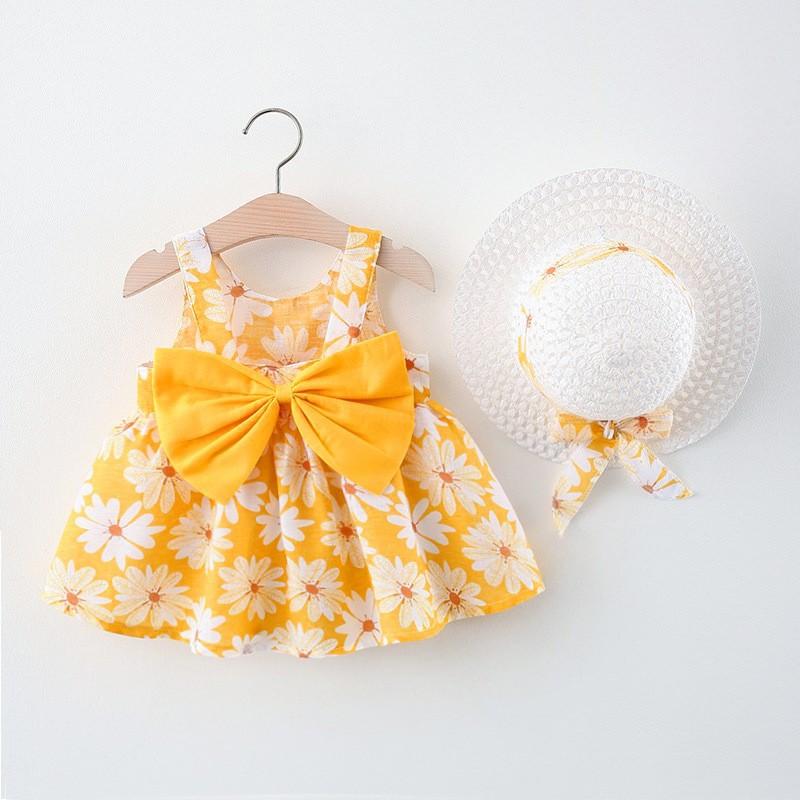 Váy Bé Gái Hai Dây Kèm Nón, Chất Cotton Thoáng Mát Thích Hợp Mặc Mùa Hè