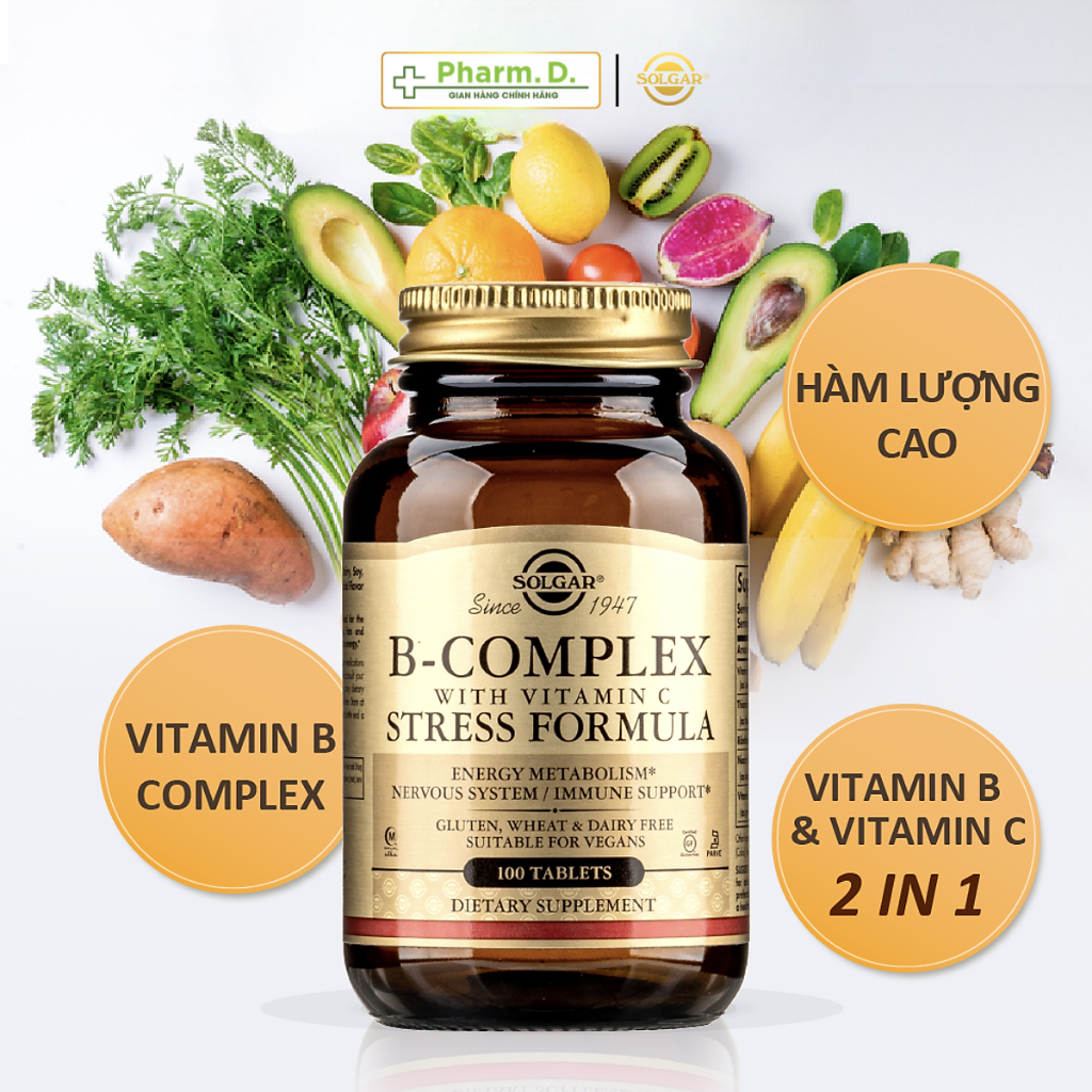 Viên Uống Hỗ Trợ Giảm Căng Thẳng, Tăng Cường Sức Khỏe Solgar B-Complex With Vitamin C Stress Formula