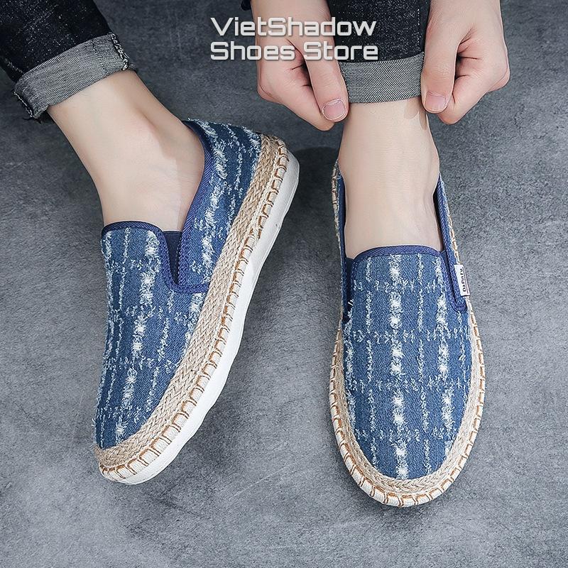 Slip on nam - Giày lười vải mẫu mới 2022 - Chất liệu vải bò rách 2 màu đen và xanh dương - Mã 895