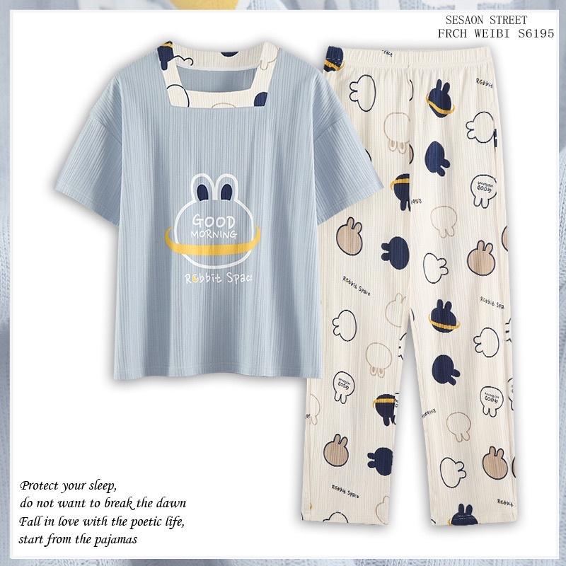 Bộ Mặc Nhà Pyjama Áo Cộc Quần Dài Cổ Tròn Chất Cotton Thấm Hút Co Dãn Mềm Mại