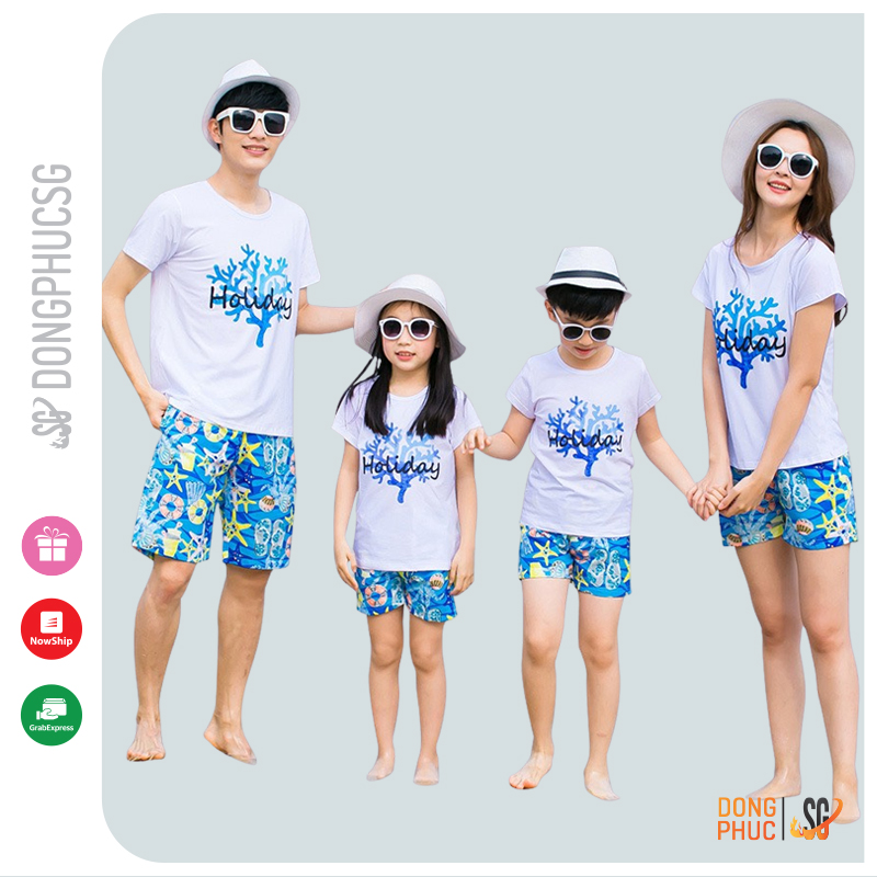 Áo thun gia đình Holiday đồ đồng phục gia đình 3/4/5 người thun cotton dày dặn màu trắng GD336T DONGPHUCSG