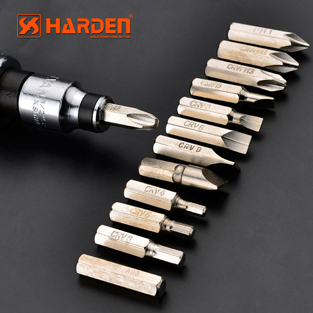 Bộ Tô Vít Đóng 14 Chi Tiết HARDEN 550641, Hàng Chính Hãng, Tay Cầm Làm Bằng Thép Công Cụ Tôi Luyện, Bits làm bằng Thép CRV, Mạ Điện Chống Gỉ, Độ Cứng Cao. Sản Phẩm Đựng Trong Hộp Sắt Tiện Lợi Và Bề Đẹp. Kích Thước 20 x 8 x 6 Cm