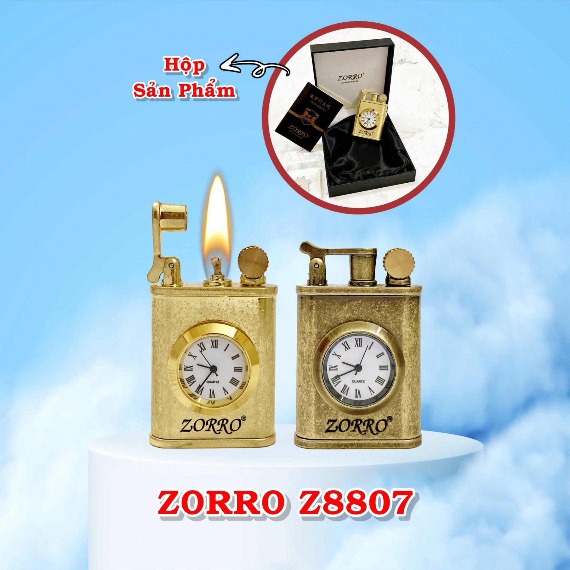 Hột quẹt bật lửa xăng đá cổ đồng hồ 2in1 Z8807 fullbox - (xài xăng)