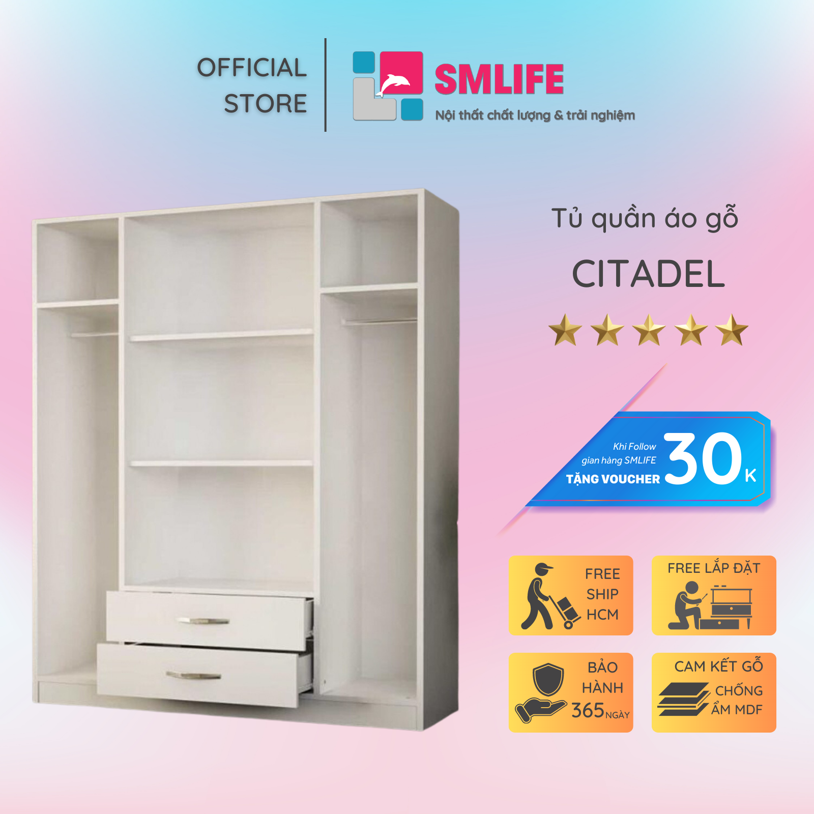 Tủ quần áo gỗ hiện đại SMLIFE Citadel | Gỗ MDF dày 17mm chống ẩm | D120xR50xC180cm