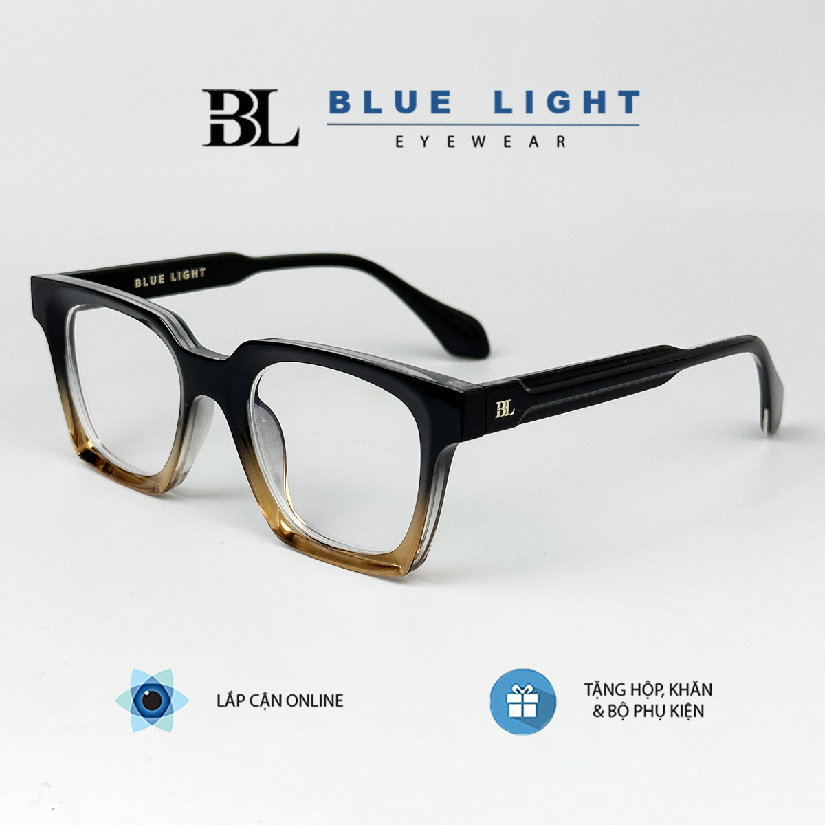 Gọng Kính Cận, Kính Giả Cận Nam Nữ BLUE LIGHT, Mắt Vuông Cứng Cáp, Gọng Nhựa Dày, Mắt Chống Ánh Sáng Xanh, Đen, Ombre
