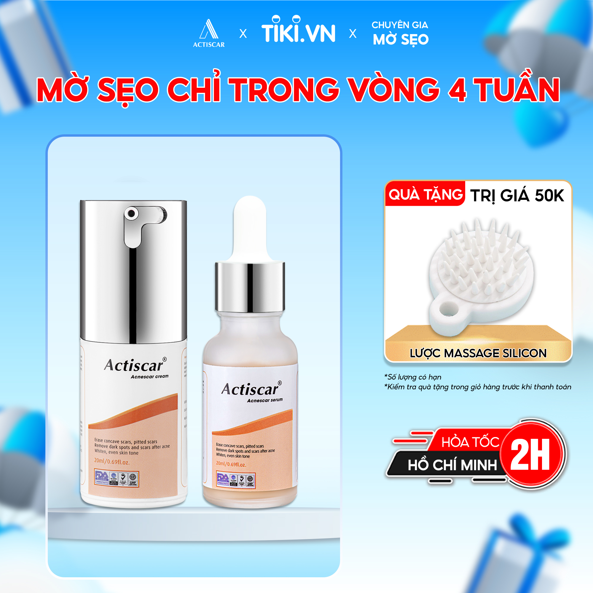 [Combo 2] Kem Sẹo và Serum Actiscar Cam Chuyên Sâu Hỗ Trợ Mờ Sẹo Lõm, Sẹo Rỗ, Sẹo Thâm